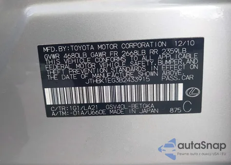 2011 Lexus Es 350 из США, поврежденный, VIN JTHBK1EG3B2433915